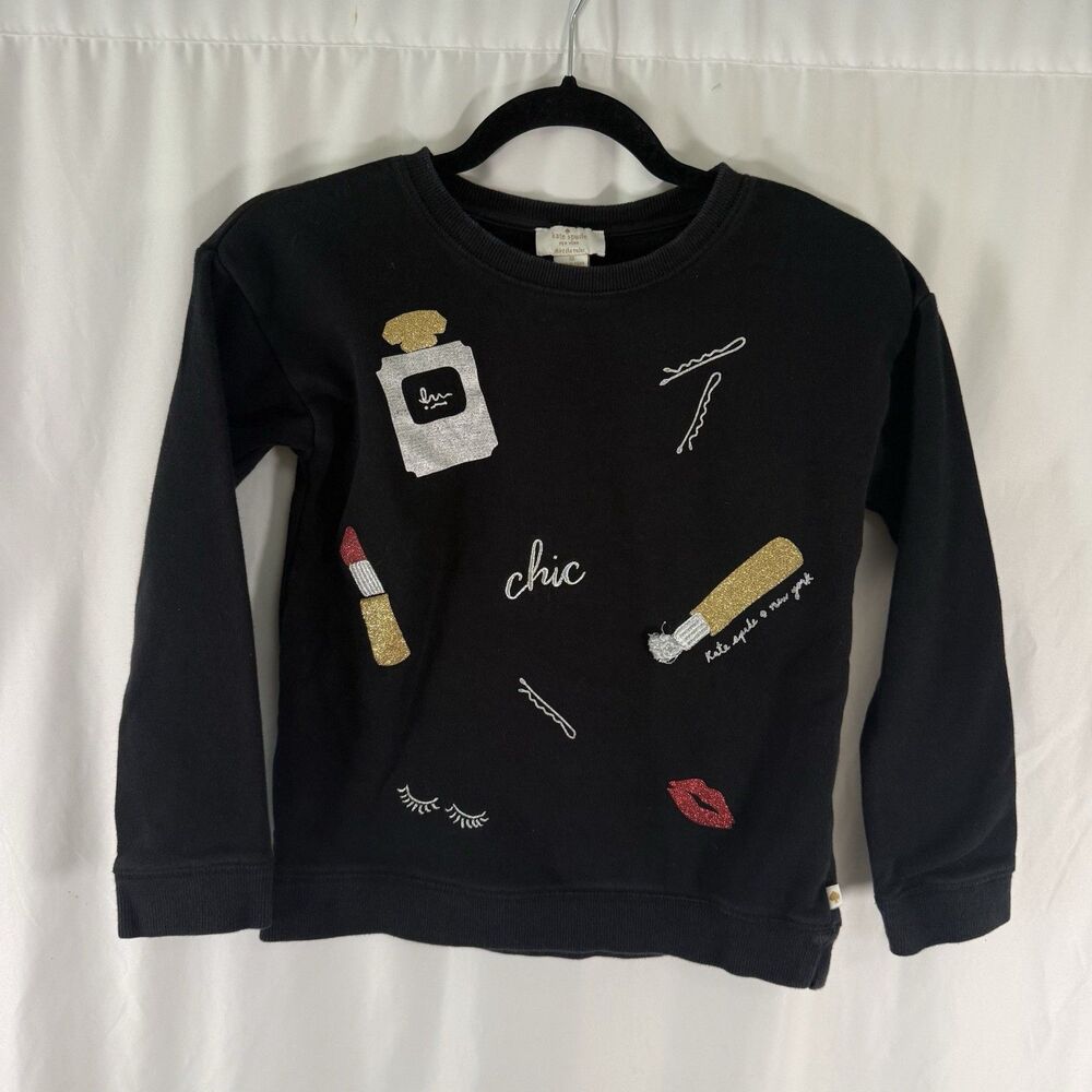 Kate Spade Sweater Girls 10 Black Makeup Print Embroidered Crewneck Long Sleeve